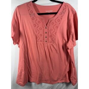Woman Within Plus Size 22/24 Coral Eyelet Embroidered Button Front Knit Tee 1X